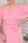 Pembe Midi Kuşaklı Büyük Beden Şifon Straplez Elbise