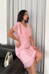 Pembe Midi V Yaka Bağlama Detaylı Şifon Elbise