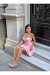 Pembe Mini Çiçek Desenli Büstiyer Detaylı Halter Elbise