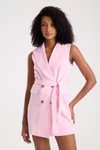 Pembe Mini Düğmeli Blazer Kuşaklı Elbise