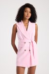 Pembe Mini Düğmeli Blazer Kuşaklı Elbise