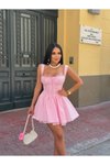 Pembe Mini Korse Görünümlü Dantel Detaylı Astarlı Askılı Elbise