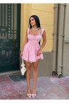 Pembe Mini Korse Görünümlü Dantel Detaylı Astarlı Askılı Elbise