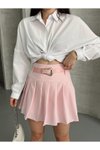 Pembe Mini Pileli Kemerli İçi Astarlı Etek