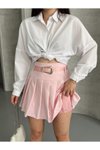 Pembe Mini Pileli Kemerli İçi Astarlı Etek