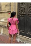 Pembe Mini V Yaka Kat Volanlı Müslin Keten Elbise