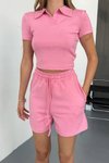 Pembe Modal Kumaş V Yaka Tshirt Şort İkili Takım