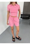 Pembe Modal Kumaş V Yaka Tshirt Şort İkili Takım