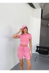 Pembe Modal Kumaş V Yaka Tshirt Şort İkili Takım
