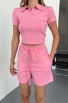 Pembe Modal Kumaş V Yaka Tshirt Şort İkili Takım