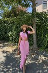 Pembe Önden Bağlamalı Crop Asimetrik Yırtmaçlı Etek İkili Takım