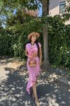 Pembe Önden Bağlamalı Crop Asimetrik Yırtmaçlı Etek İkili Takım