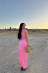 Pembe Önden Bağlamalı Crop Asimetrik Yırtmaçlı Etek İkili Takım