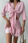 Pembe Önden Bağlamalı Keten Şortlu Etek İkili Takım