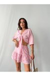 Pembe Önden Bağlamalı Keten Şortlu Etek İkili Takım