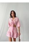 Pembe Önden Bağlamalı Keten Şortlu Etek İkili Takım