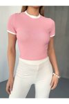 Pembe Ottoman Biyeli Crop Tshirt
