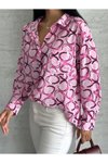 Pembe Oversize Saten Desenli Rahat Gömlek