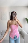 Pembe Straplez Aksesuar Detaylı Ottoman Bluz