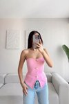 Pembe Straplez Aksesuar Detaylı Ottoman Bluz