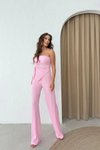 Pembe Straplez Büzgülü Crop Ve Pantolon Gofre İkili Takım