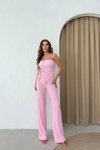 Pembe Straplez Büzgülü Crop Ve Pantolon Gofre İkili Takım