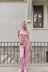 Pembe Tek Omuz Gofre Kumaş Alt Üst İkili Takım