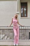 Pembe Tek Omuz Gofre Kumaş Alt Üst İkili Takım