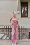 Pembe Tek Omuz Gofre Kumaş Alt Üst İkili Takım