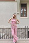 Pembe Tek Omuz Gofre Kumaş Alt Üst İkili Takım