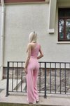 Pembe Tek Omuz Gofre Kumaş Alt Üst İkili Takım