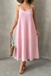 فستان وردي طويل بحمالة داخلية مبطن بحمالة قابلة للتعديل فضفاض