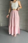 Pembe Uzun Büzgülü Katlı Müslin Kumaş Etek