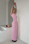Pembe Uzun Derin Sırt Dekolteli Elbise