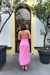 Pembe Uzun Dina Askılı Keten Elbise