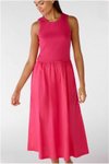 Pembe Uzun Evaze Maksi Keten Görünümlü Kumaş Etekli Fuşya Kloş Elbise