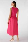 Pembe Uzun Evaze Maksi Keten Görünümlü Kumaş Etekli Fuşya Kloş Elbise