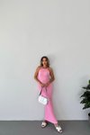 Pink Long Halter Neck Waffle Fabric Dress