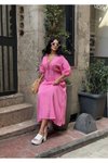 Pembe Uzun Müslin Keten Dokulu Beli Büzgülü Bağlamalı V Yaka Elbise