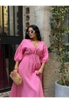 Pembe Uzun Müslin Keten Dokulu Beli Büzgülü Bağlamalı V Yaka Elbise