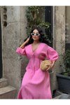Pembe Uzun Müslin Keten Dokulu Beli Büzgülü Bağlamalı V Yaka Elbise