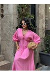 Pembe Uzun Müslin Keten Dokulu Beli Büzgülü Bağlamalı V Yaka Elbise