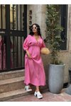 Pembe Uzun Müslin Keten Dokulu Beli Büzgülü Bağlamalı V Yaka Elbise