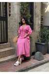 Pembe Uzun Müslin Keten Dokulu Beli Büzgülü Bağlamalı V Yaka Elbise