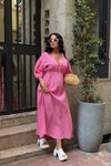 Pembe Uzun Zem Muslin Keten Elbise