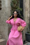 Pembe Uzun Zem Muslin Keten Elbise