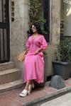 Pembe Uzun Zem Muslin Keten Elbise