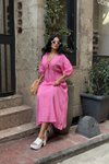 Pembe Uzun Zem Muslin Keten Elbise