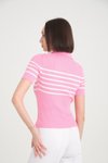 Pembe V Yaka Esnek Crop Çizgili Triko