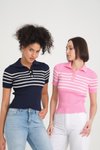 Pembe V Yaka Esnek Crop Çizgili Triko